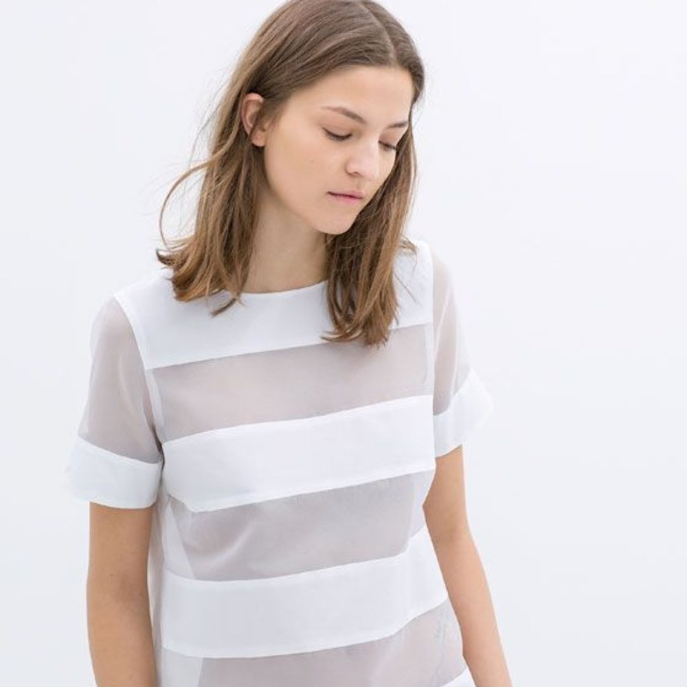 Zara Striped Poplin Organza Top White S